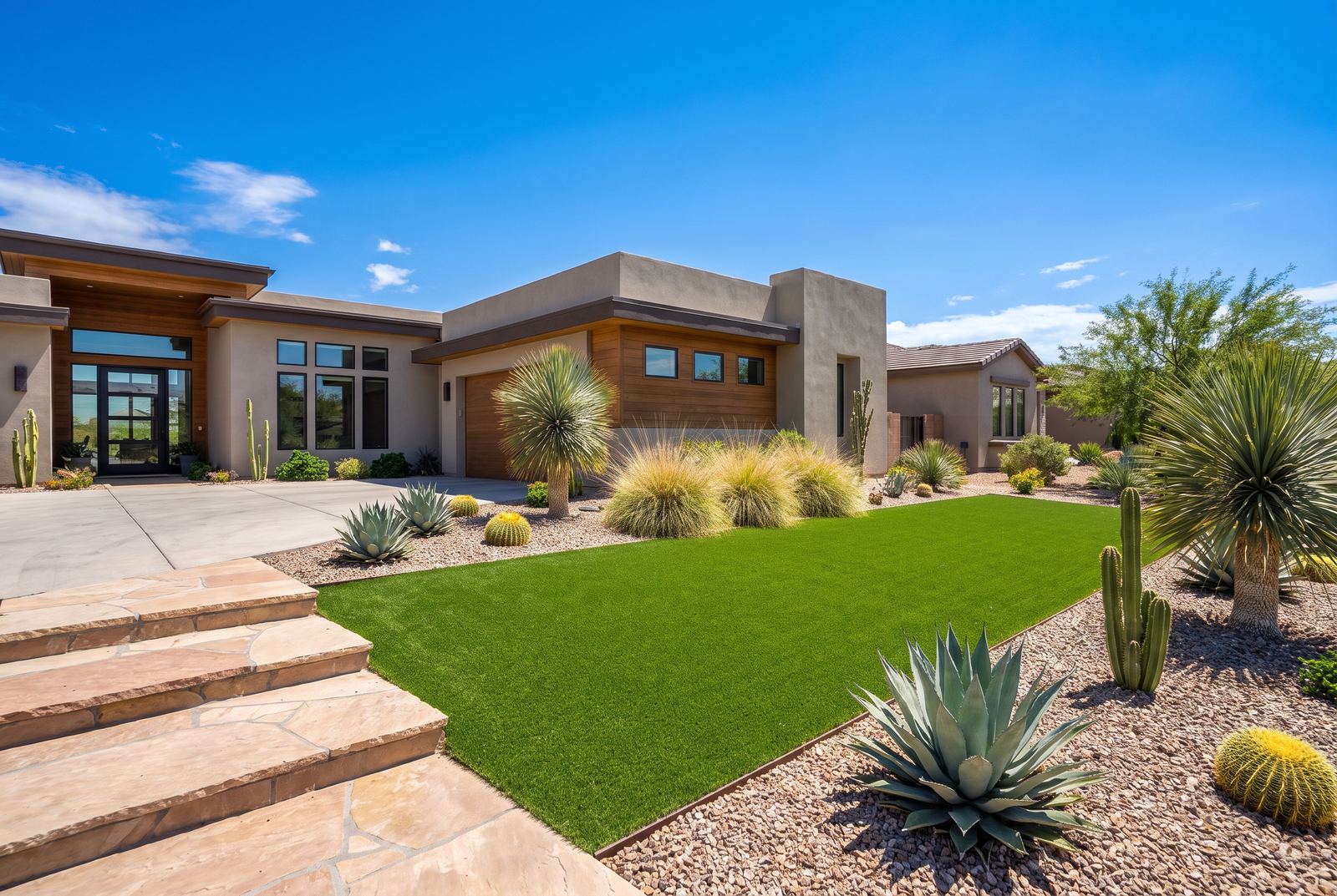 Front-yard artificial turf with desert landscaping
